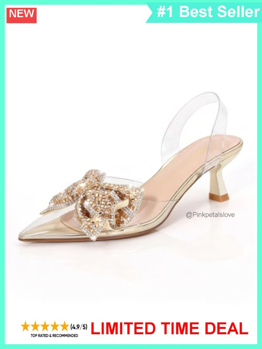 Crystal Bow Clear Slingback Kitten Heel Pumps Pointed Toe